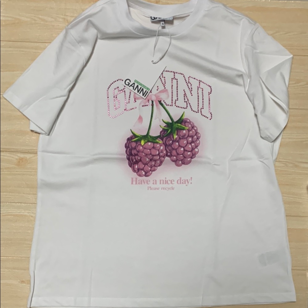 Ganni White Short-Sleeve Tee with Raspberry Graphic
